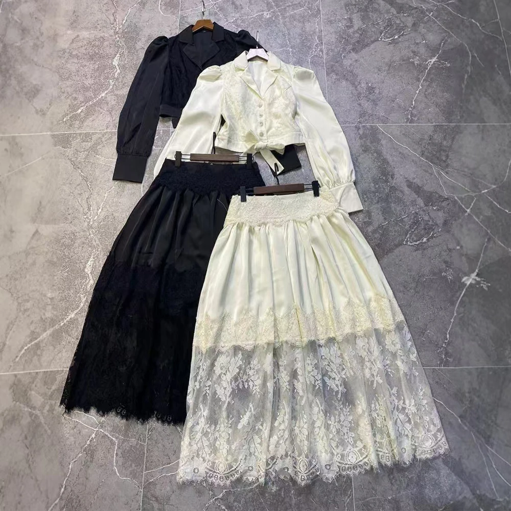 

Ele Water Soluble Lace Long Sve High Waist Midi Skirt Suit Two Piece Set Busin Casual Women's Faion Autumn 2024