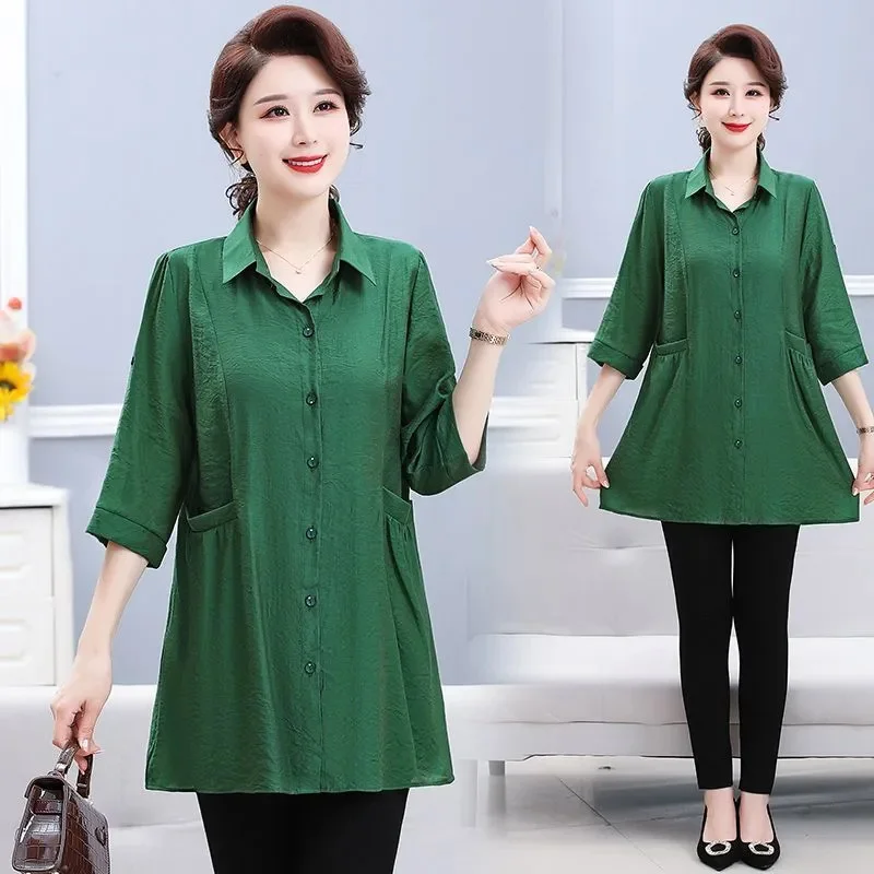 

Sunscreen Cardigan Women New Summer Large Size Middle-Aged Thin Jacket Shirt Long Trench Coat Cropped Sleeves Outwear Ladies Top