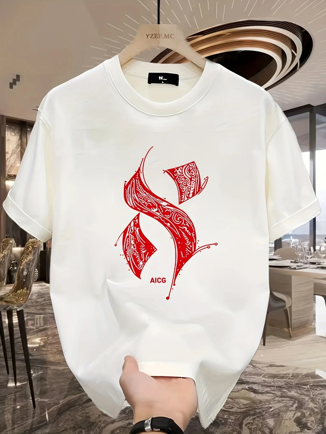 

Summer men's 100% pure cotton short-sleeved T-shirt, casual red AICG letter printed high-quality streetwear top