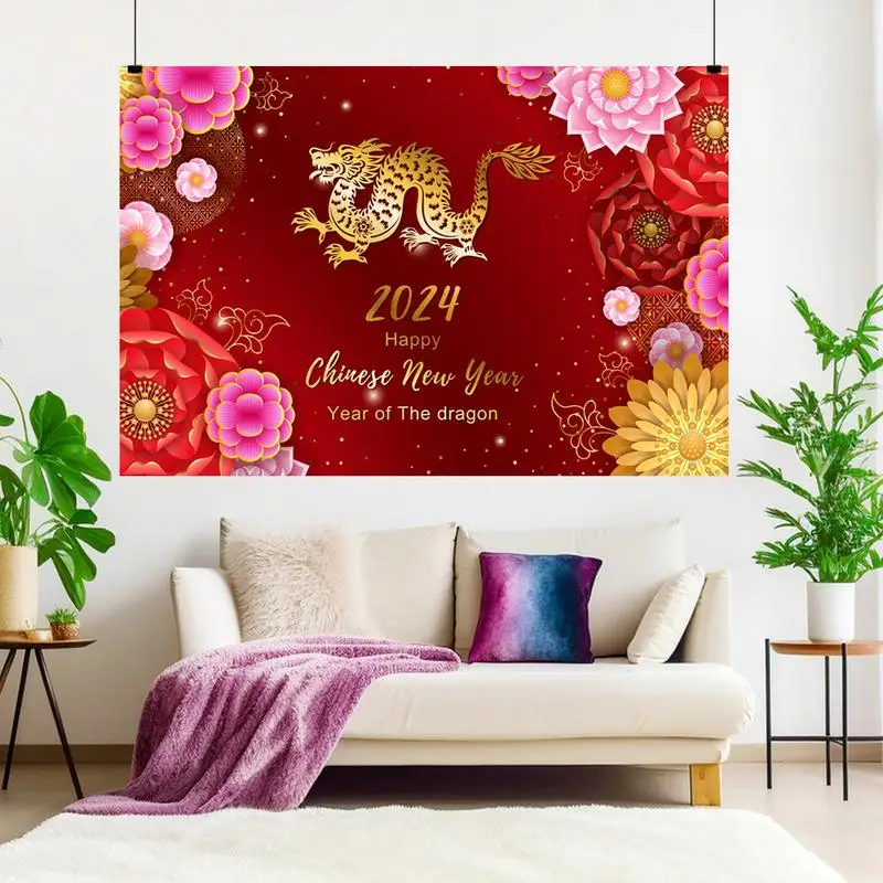 Chinese New Year Dragon Backdrop 2024 Lunar New Year Traditional Banner Polyester Material Party Decoration Banner For Home