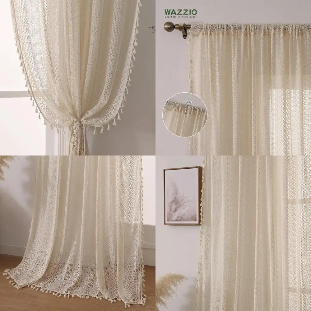 

Vintage Bohemian Style 84-Inch Rod Pocket Lace Curtains with Tassel and Striped Geometry Design for Living Room