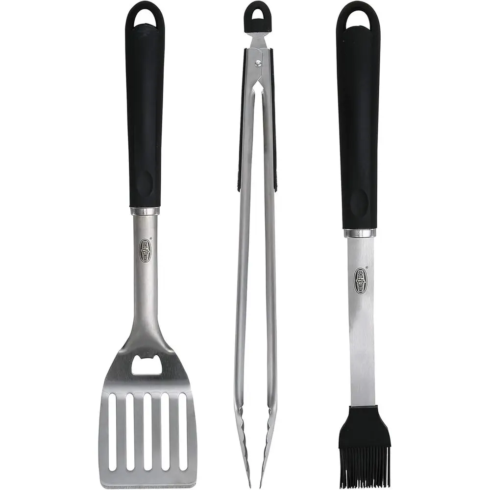 

3-Piece Stainless Steel BBQ Tool Set with Spatula, Tongs with Rubber Grip, and Silicone Basting Brush, Rust-Resistant Grilling T
