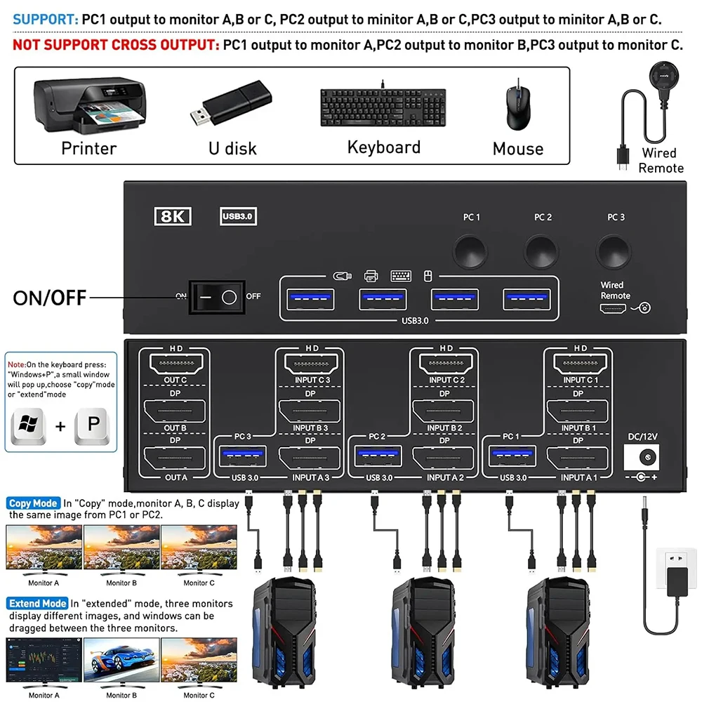 Imagem -02 - Triplo Monitor Switcher para pc Keyboard Mouse U-disk Printer Kvm Kvm em Out 8k @ 60hz 4k @ 144hz ue Eua Reino Unido Novo 2023