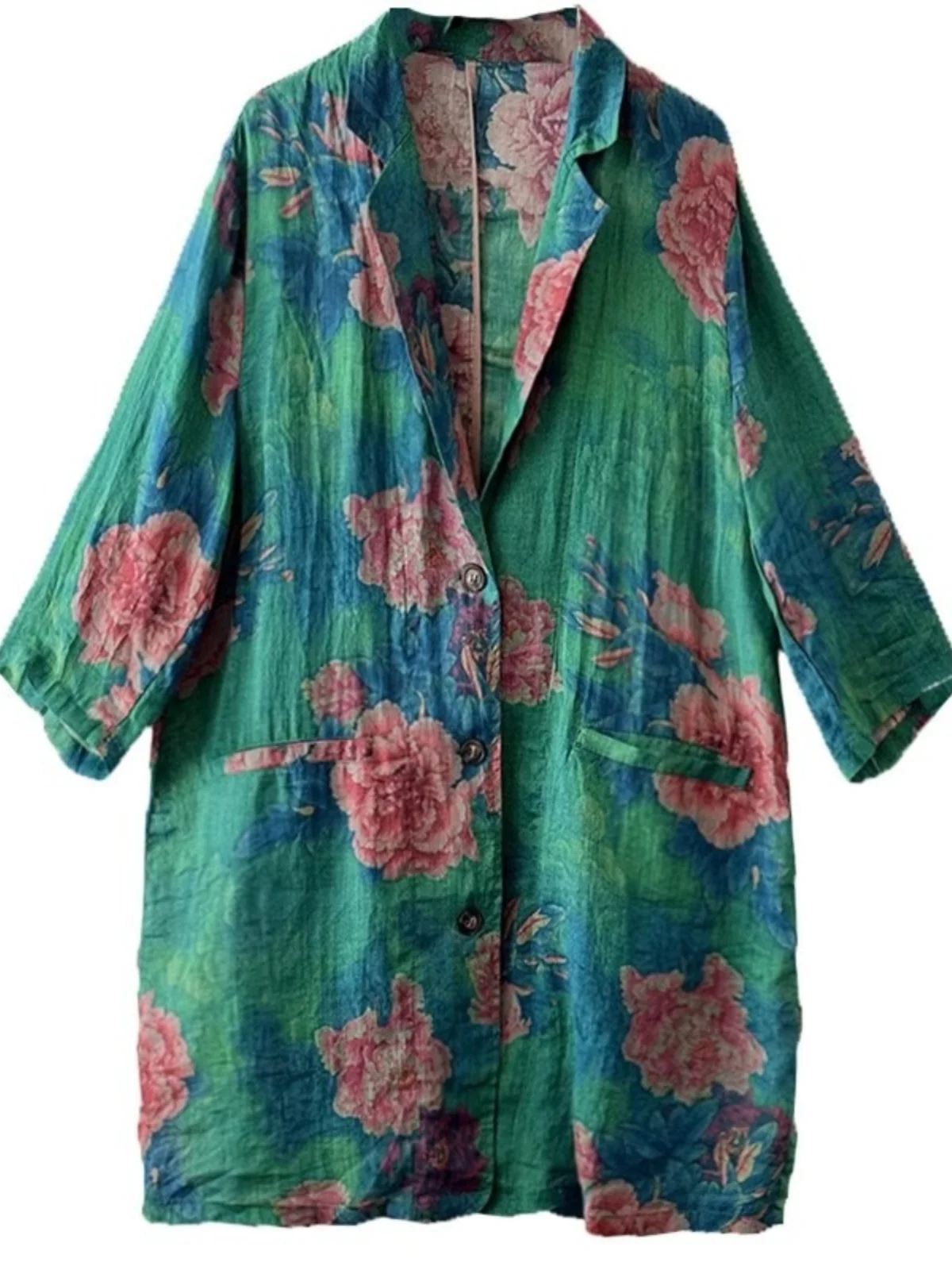 レトロプリントコットンリネンスーツジャケットレディースサマールーズカジュアルTシャツクォータースリーブリネンスモールウェスタンスタイルオープンカーディガン...