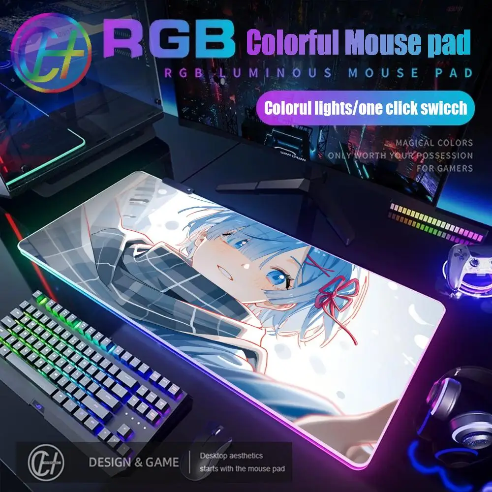 900x400x4mm HYBXAXC Mouse Pad RGB Gaming Mouse Pad Desk Mat HD Gamer Large LED Light XXL Anime Re Zero Rem RGB Mouse Pad