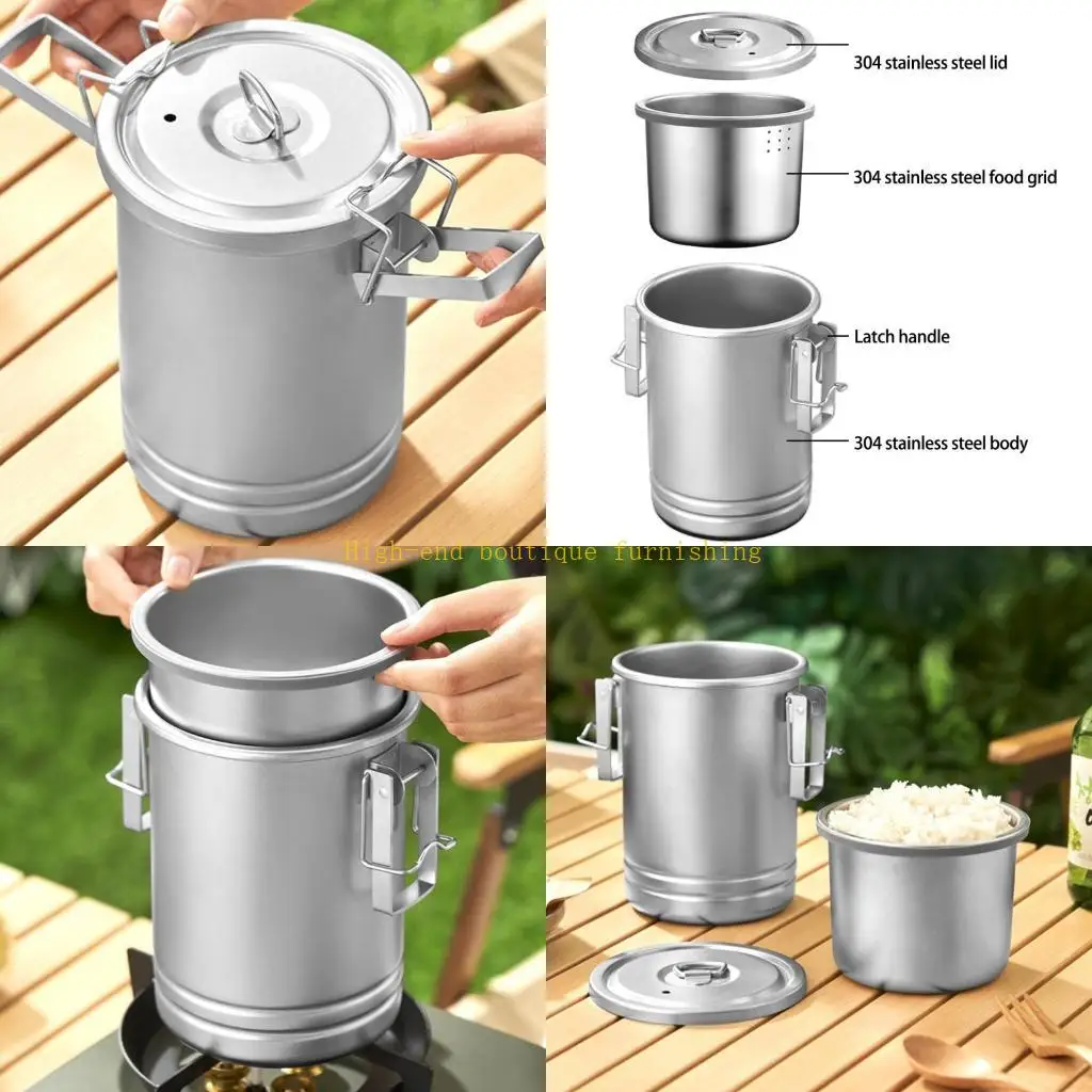 

L9NB Rice Cooker Stainless Steels Steaming Pots Portable Camping Hiking Cooking Pots
