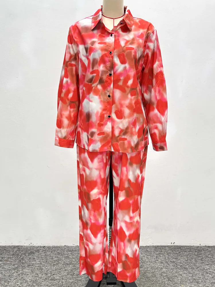 Conjuntos de 2 uds con estampado de retazos para primavera y verano, traje elegante con cuello vuelto para vacaciones para mujer, pantalones de pierna ancha 2025, trajes sencillos para mujer