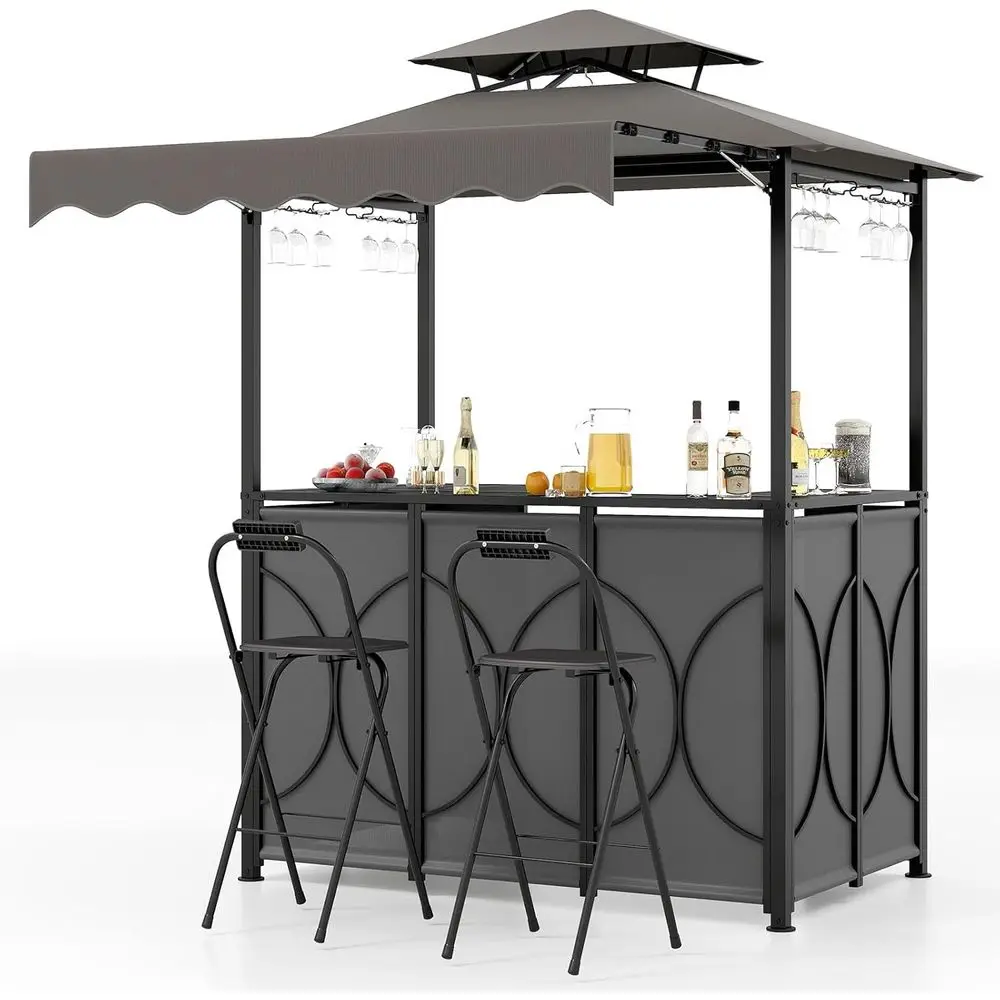 

Серый комплект мебели для патио с гриль-беседкой, 2 вращающимися стульями, навесом и полками для хранения