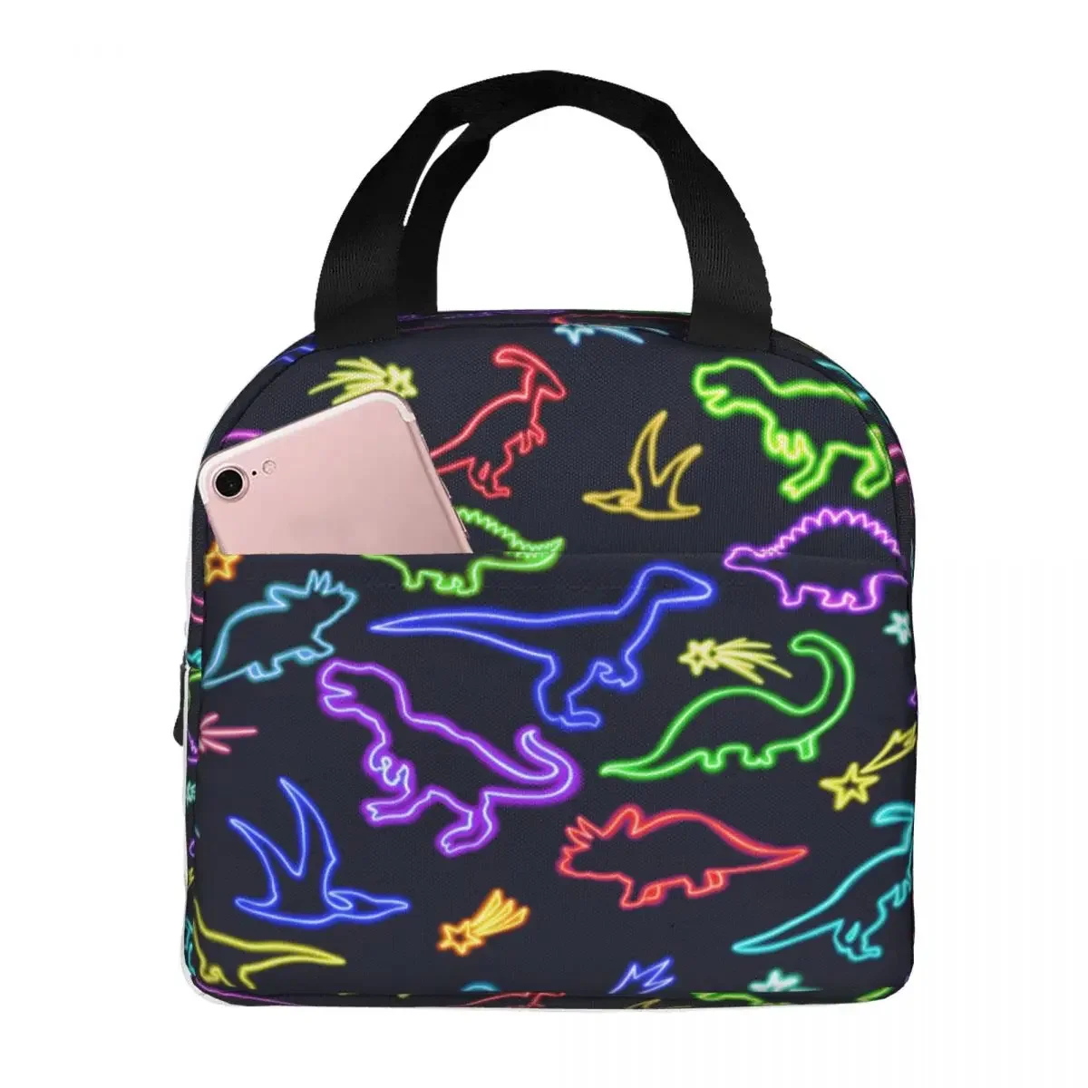 Lunch Bag para Homens e Mulheres, Dinossauros de Neon Refrigerador Isolado Lancheira Portátil de Lona, Food Bag, Picnic School Bag