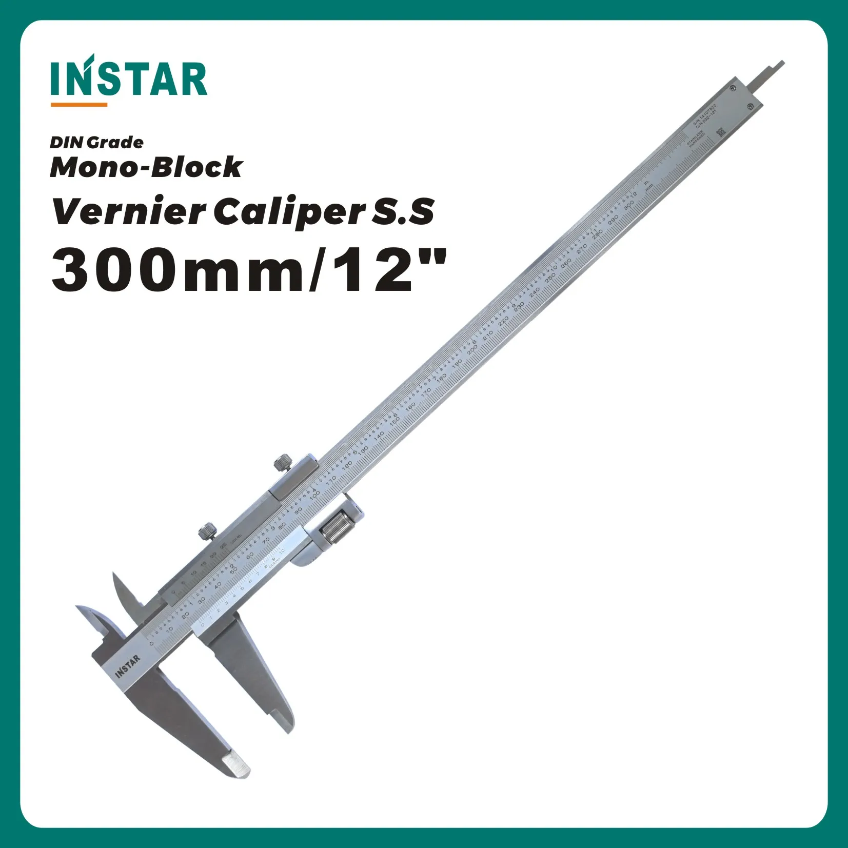 INSTAR Suwmiarka Noniuszowa Monoblokowa 0-300MM 0-12" Stal Nierdzewna Klasy DIN Jakość Przemysłowa Wysoka Dokładność 0,02mm
