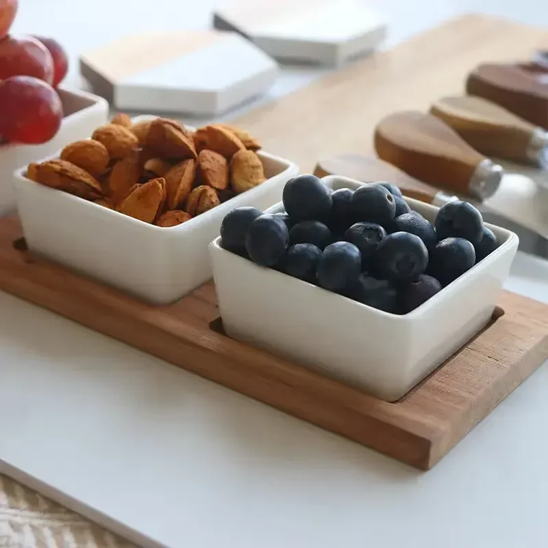 16X12-inch deli platter plate made of Acacia wood and marble, with 3 bowls, 3 spoons, 4 deli utensils, cutting and serving