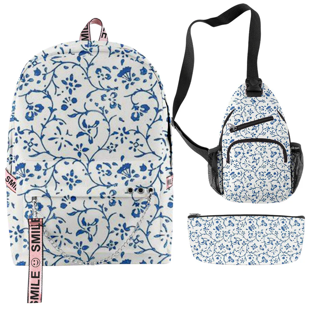 Jeugdig Bospatroon Gefragmenteerde bloemen 3 stks/set Rugzakken 3D Oxford Notebook multifunctionele Rugzak Borsttas Etui