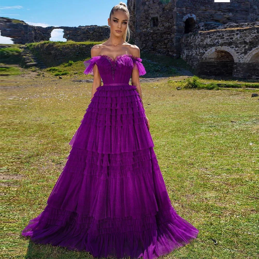 

Charming Off The Shoulder Arabia Purple Tiered Tulle Prom Dresses Pleats Beads Sweetheart Dubai Women Evening Gown Formal Party