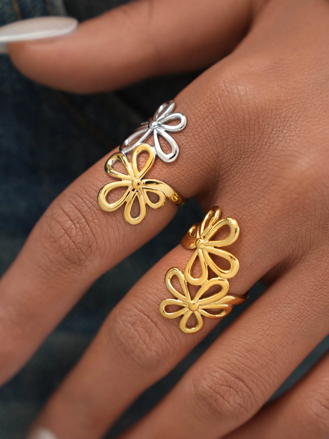 Irregular Flower Geometric Hollow Adjustable Open Rings For Women Stainless Steel Metal Trendy Charm Jewelry Accessories Gift - Image 4