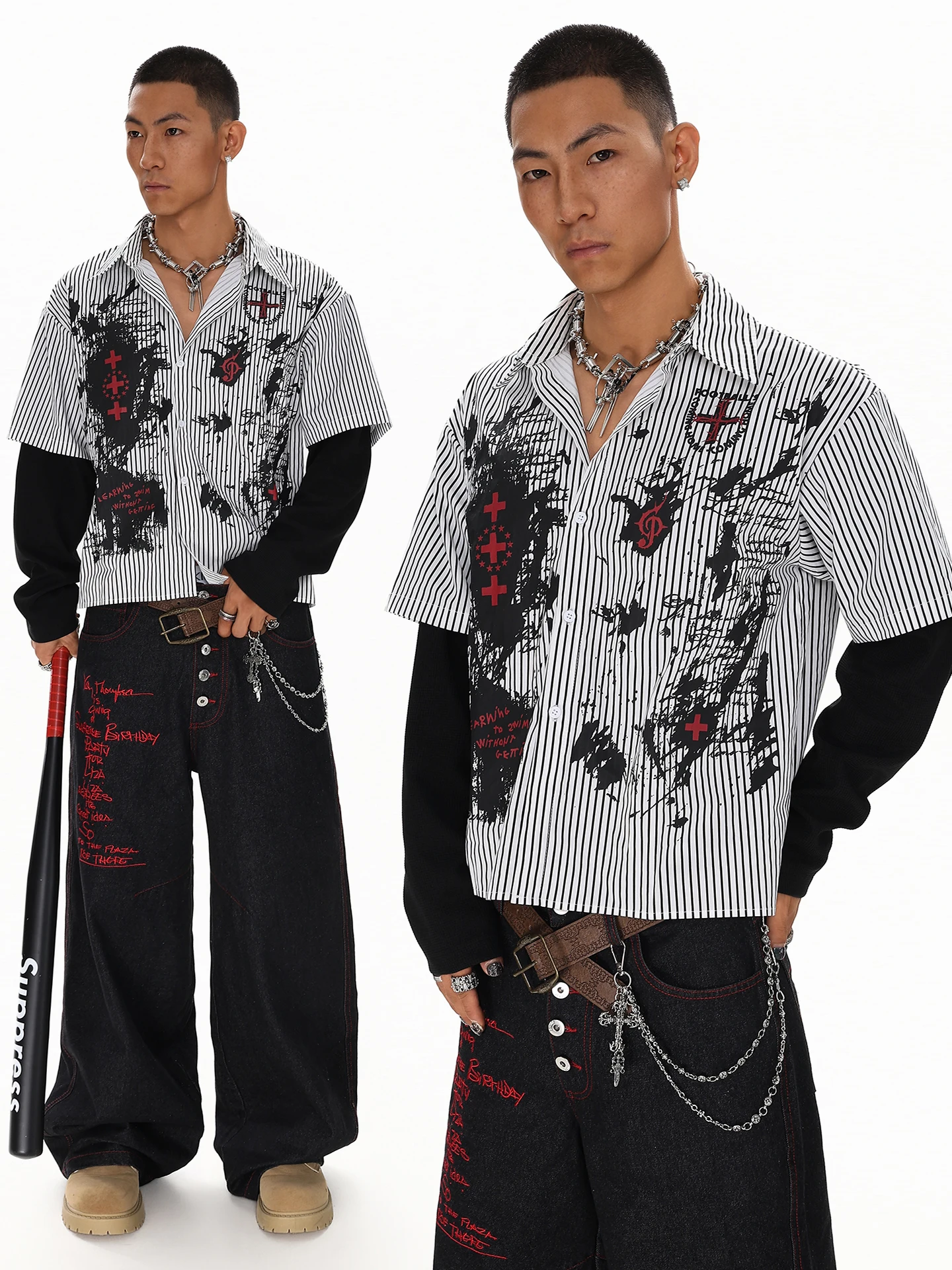 

Retro Graffiti Cross Fake Two-Piece Loose Men's Shirt Spring 2026 Striped Casual Long Sleeve Youth Fashion Loose Fit Shirt