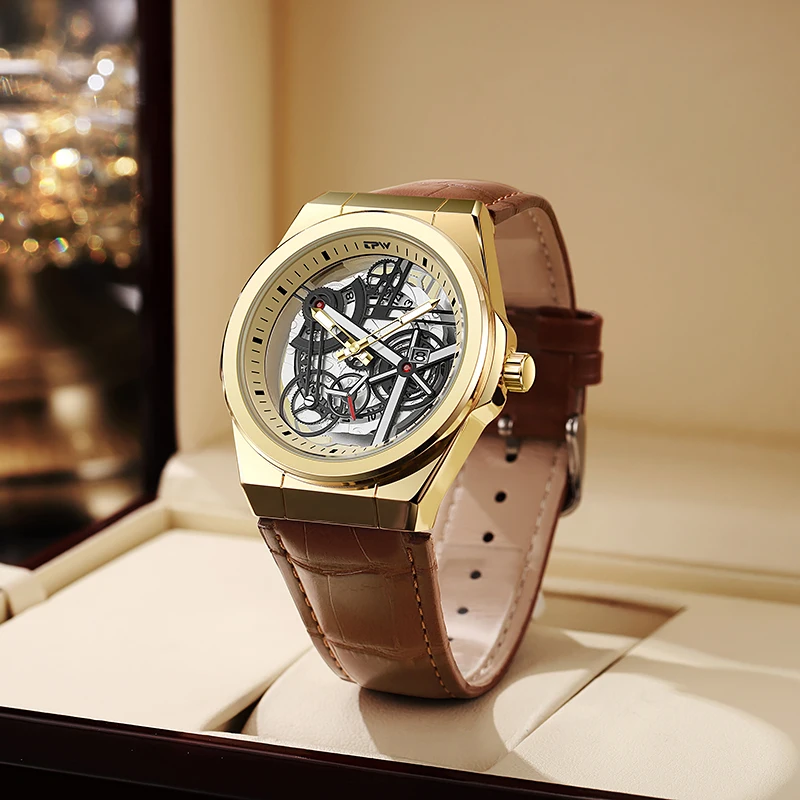 TPW Hot Trendy Fashion Wholesale Men Golden Skeleton Quartz Wrist Watches Luxury Watch Day Function PU Stap
