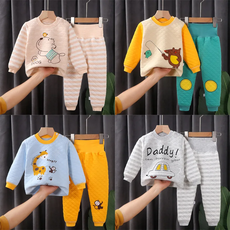 2Pcs Winter Baby Cartoon Warm Pajama Set Kids Thicken Top and Pants Sleepwear Cute Boys Girls Comfortable Lounge Clothes 1-3Year