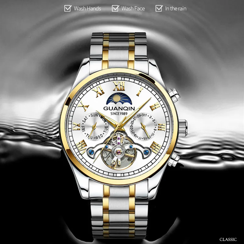 GUANQIN Tourbillon Mechanical Luxury Men\'s watches Stainless steel Waterproof Moon Phase Watch Sapphire Luminous watch for men