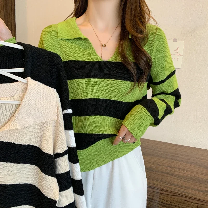 بلوفرات نسائية مخططة بتصميم نحيف ورقبة على شكل حرف v قماش حياكة على الطراز الكوري أنثى كل مباراة بسيطة موضة جديدة ربيع الخريف غير رسمية