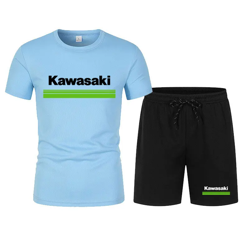 Kawasaki Motorcycle Racing Team Men T-shirt Shorts Set Summer New Fashion Male Tops Bottoms Sets Sport Men\'s Clothes Suits