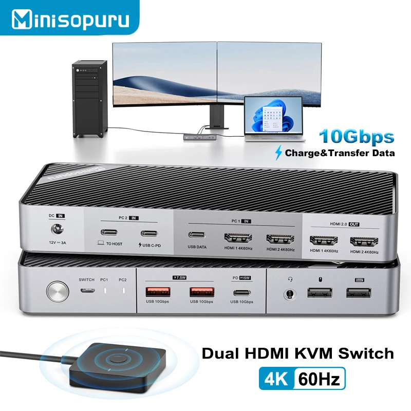 

Minisopuru 4K KVM-переключатель с двумя мониторами и 2 HDMI, зарядкой 15 Вт, док-станция USB C KVM с 2 мониторами для Thunderbolt 4/3