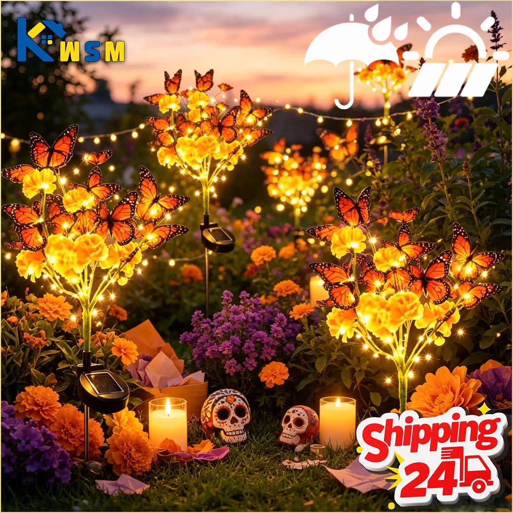 1-4pcs Solar Flower Lights Artificial Lavender Marigold Butterfly Tree Stake Decorative for Garden Yard Patio Lawn Outdoor