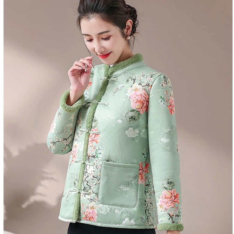 النمط الصيني القطن معطف المرأة منتصف العمر الأزهار طباعة الشتاء سترة خمر الوقوف طوق الضفدع زر دافئ مبطن ملابس خارجية جديد #4