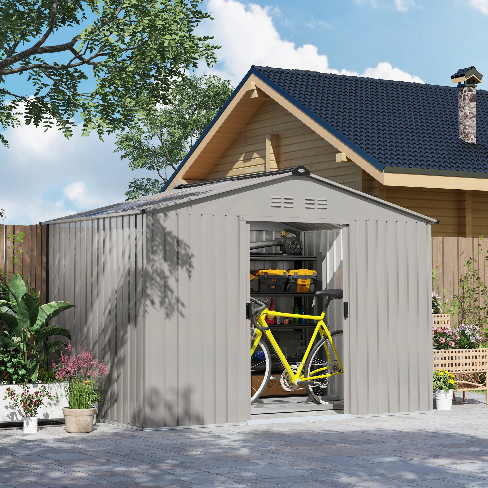 Outsunny Caseta de Jardín Exterior 4,9 m² 277x195x192 cm Cobertizo de Jardín Exterior con Puerta Corredera Techo de… — oferta en AliExpress