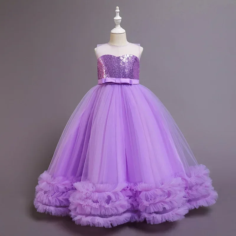 

Elegant Kid Dress Sequined Top Tulle Skirt Girl Dress Embroidered Train Princess Puff Skirt Children Evening Gown Beautiful
