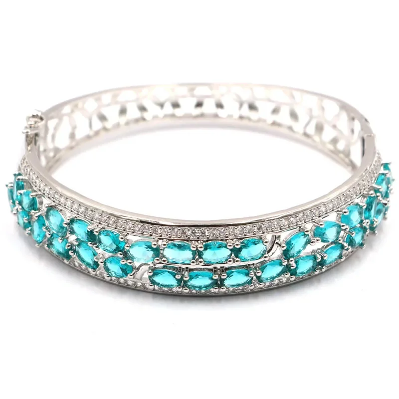 

23g 925 Solid Sterling Silver Bangle Bracelet Customized Blue Aquamarine London Blue Topaz Tourmaline White Sapphire 7.5in