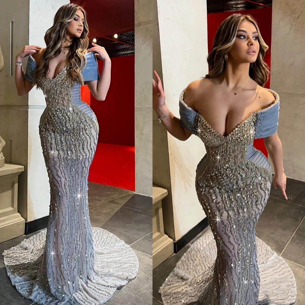 

Luxury Crystal Evening Dresses Off Shoulder Prom Dress Beading Sequins Mermaid Rhinestone Party Gowns Vestidos De Noche