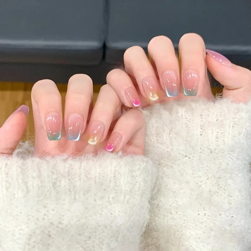 24 Pcs Medium Short Press on Nails Rainbow Pink Cat Eye False Nails for Women Cute Summer Holiday Nail Art Prosthetic Nail Set
