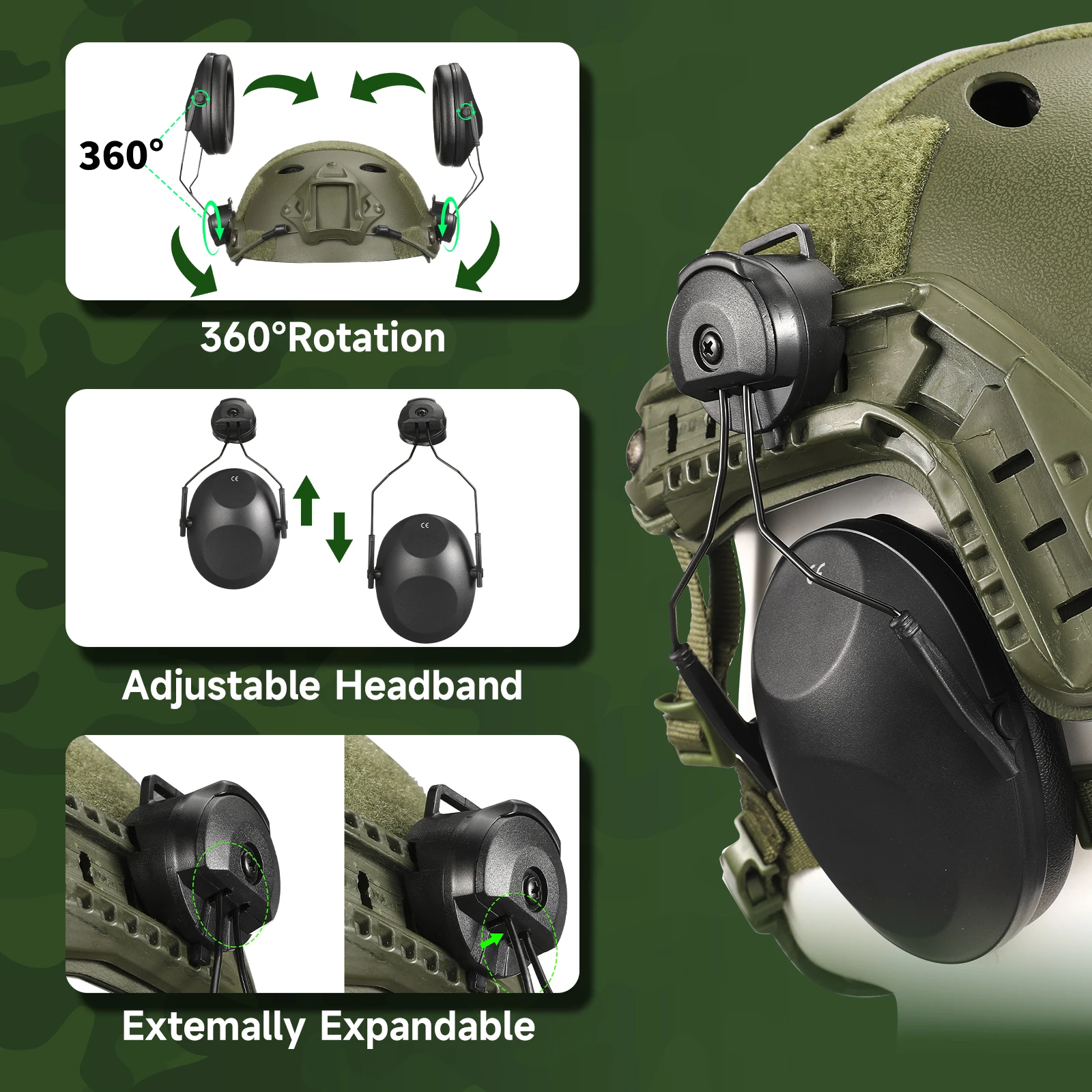 Cuffie antirumore tattiche montate su casco 22 NRR Riduzione passiva del rumore per pickup da caccia e protezione per le orecchie da tiro