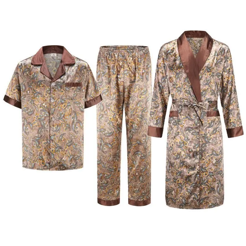 Summer Autumn New Bathrobe with Pocket Ice Silk Robe Male Casual Home Clothes Print Shirt&pants Loose Nightwear Loungewear