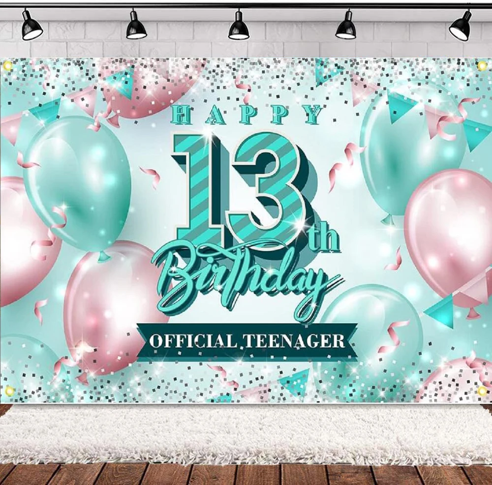 Photography Backdrop Happy 13 Years Old 13th Birthday Pink And Teal Background Decor For Girls Party Supplies Glitter Balloon