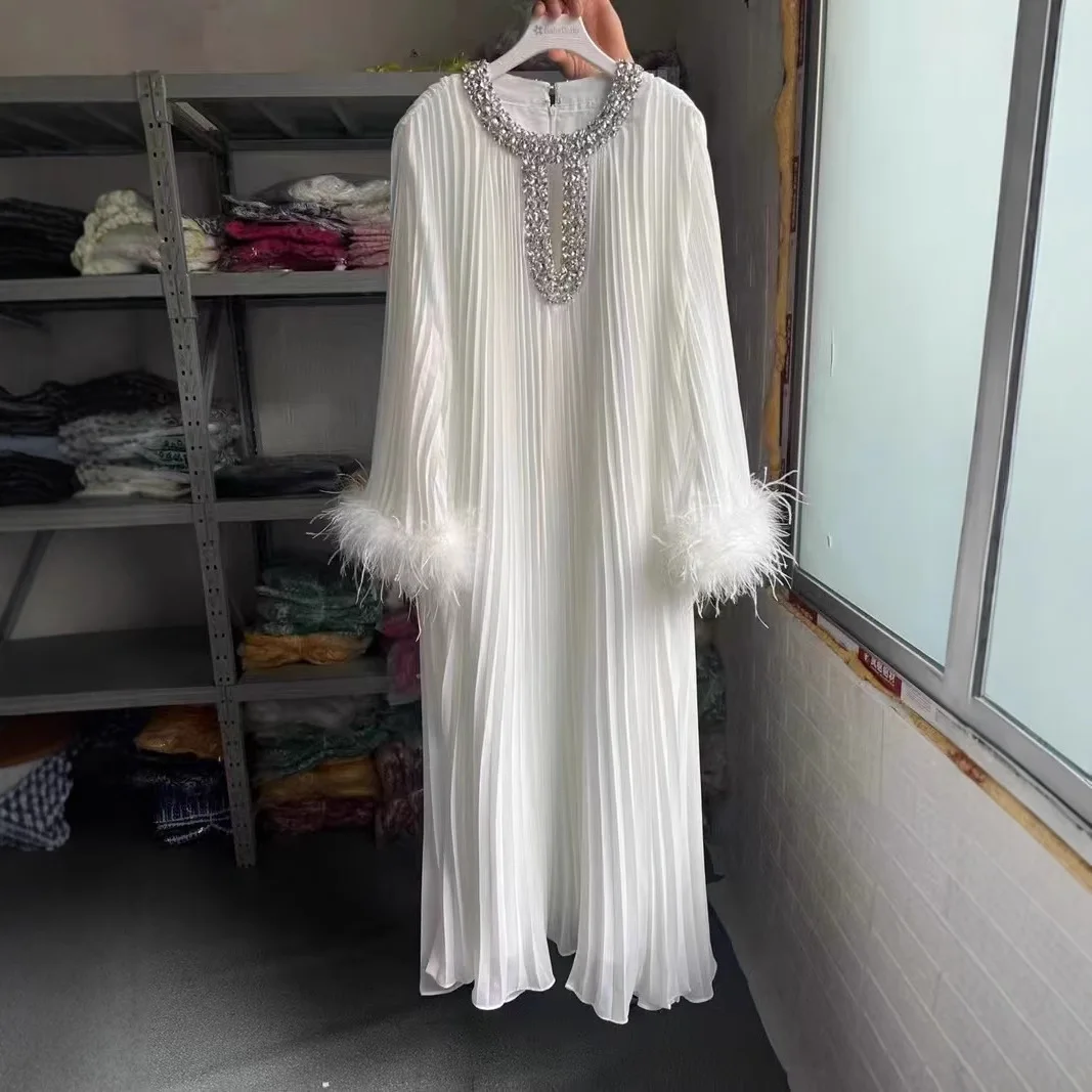 2024 Autumn New Dress Round Neck Heavy Industry Hairy Sleeves Splicing Pleated Medium and Long Dresses Casual Women\'s Clothing