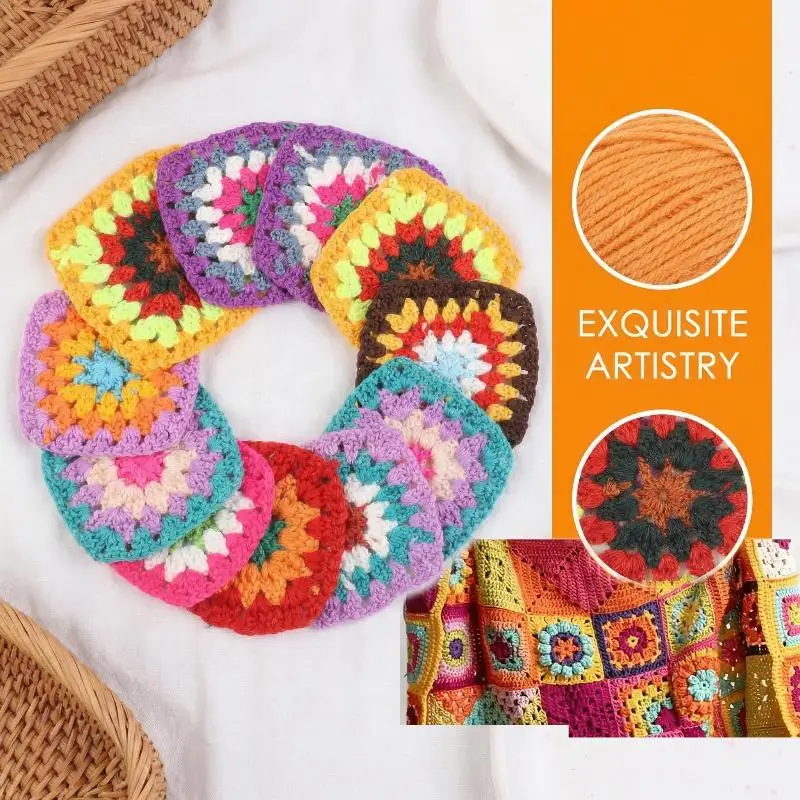 10Pcs Random Mix Colors Yarn Handmade Crochet Doilies Suit Square Flower Piece For Diy Clothing Pocket Coaster Bag Tablecloth