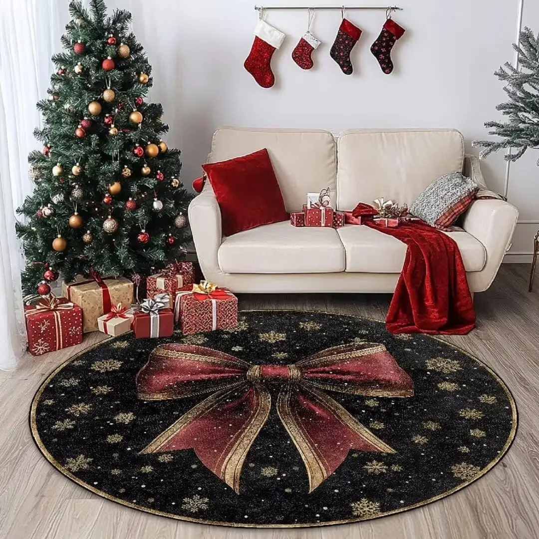 Green Snowflake Round Holiday Rug – Washable Non-Slip Circle Mat for Bedroom Kitchen Entryway Home Decor