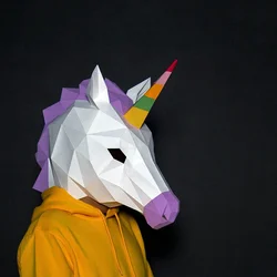 3D Paper Mold Unicorn Head Mask Headgear Animal Model Halloween Cosplay Props Women Men Party Dress Up DIY Craft Masks