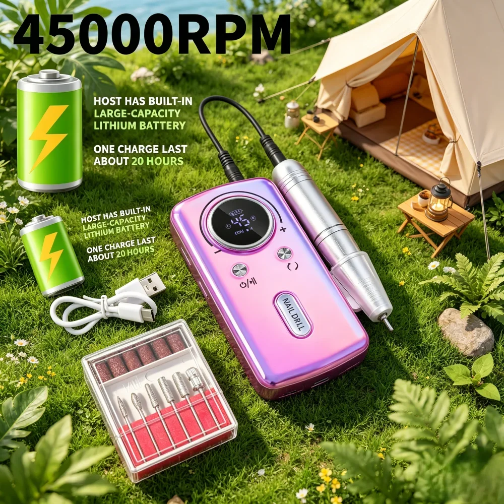

45000RPM Rechargeable Nail Drill Machine, Portable Electric Nail File Sander for Gel Nail Polishing, Home and Salon Manicure