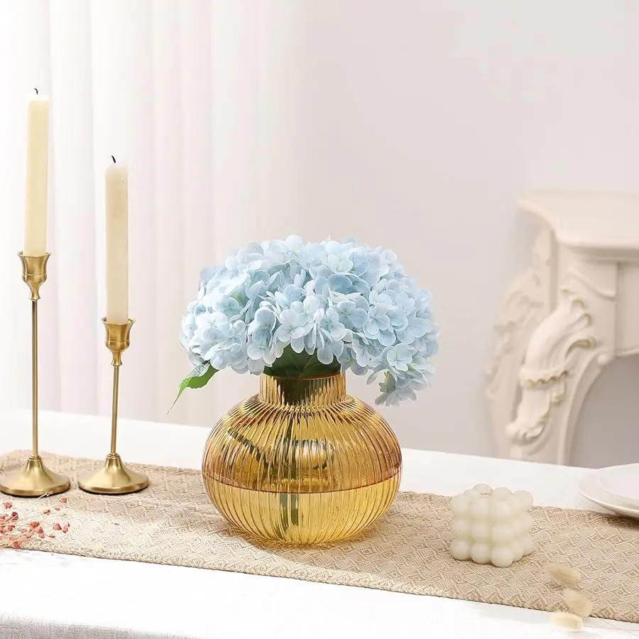 Amber Glass Vase for Tulips, Ribbed Glass Vase for Flowers, Round Flower Vases, Small Short Vases for Living Room, Office, Coffe