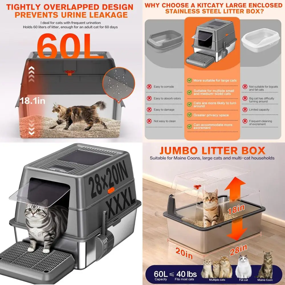 

Очень большой закрытый лоток для кошек из нержавеющей стали с крышкой, 28 дюймов (длина) x 20 дюймов (ширина) x 18 дюймов (высота), идеально подходит для крупных кошек и домов с несколькими кошками, не прилипает к поверхности.
