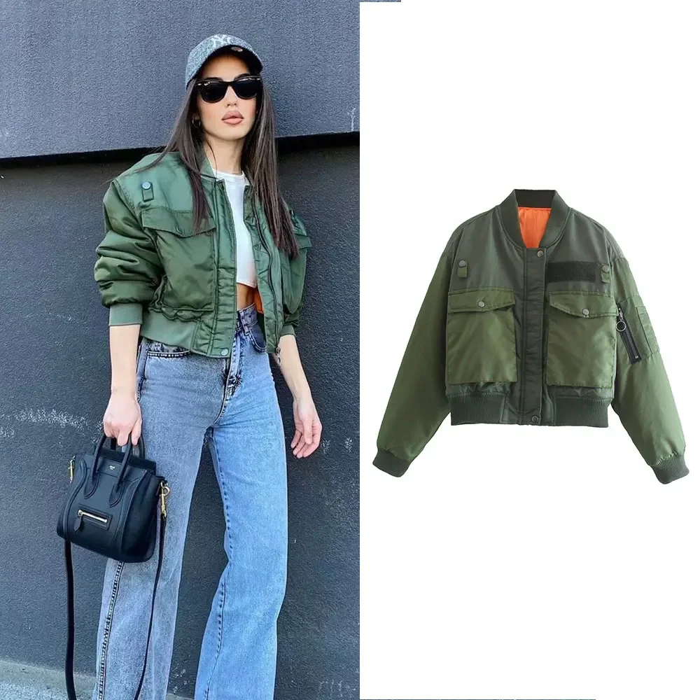 

New Women's Fashion With Pockets Front Zipper Bomber Jackets Casual O-Neck Long Sleeves Female Chic Lady Outfits