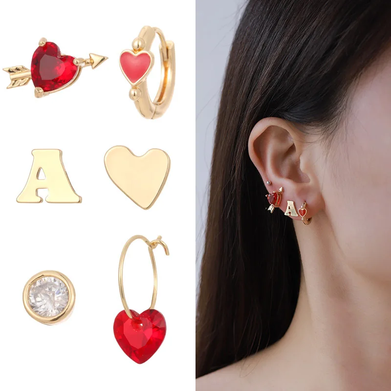 Original design earrings, Valentine's Day series pink love earrings set combination ear buckle