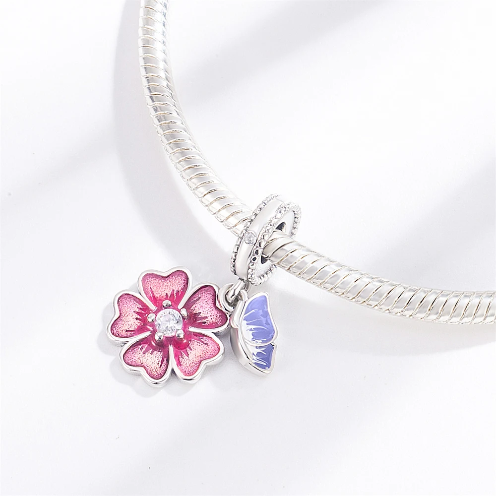 Pan Charms Original Peach Blossom Butterfly Dangle Charm Bracelet Pendant Jewelry