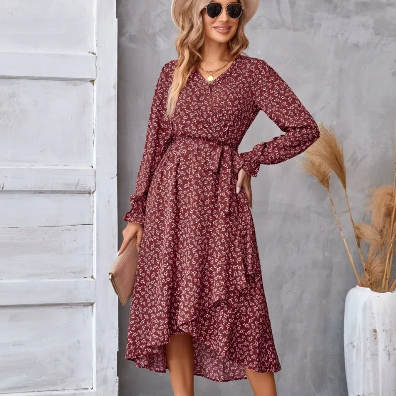 Women Printing Dress V-neck Petal Long Sleeve Skirt Casual Street Style Skirt Waist Irregular High Slit Dress Women Dress