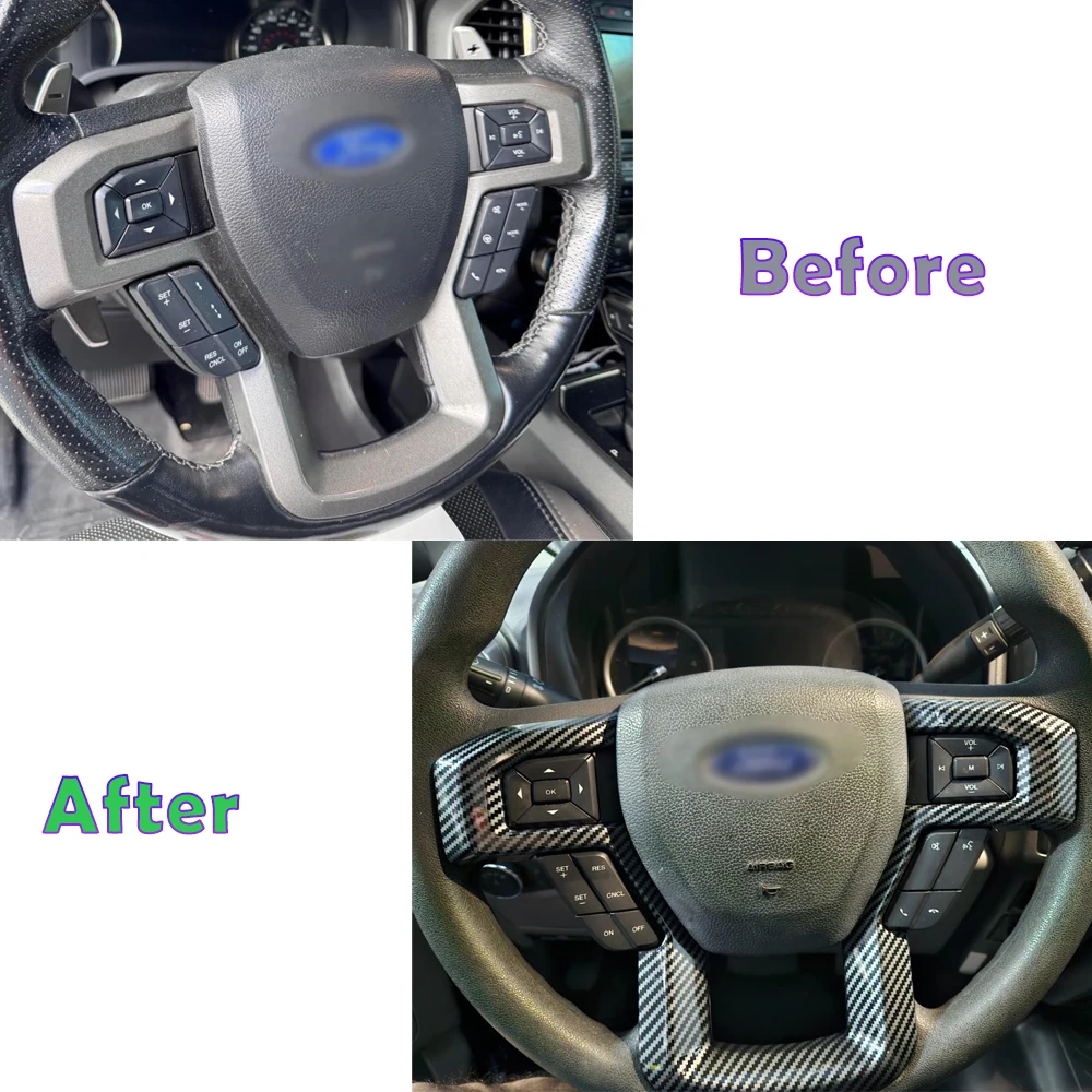 Black+ Carbon Steering Wheel Cover Trim Sticker Decoration For Ford F150 2015-2019 Car Interior Accessory