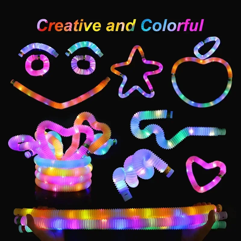 6/12/18/24 pcs Pop Tubes Lighted LED Sensory Toys Pull Stretch Tube Toddlers Gifts Children\'s Luminous Popping Party Supplies