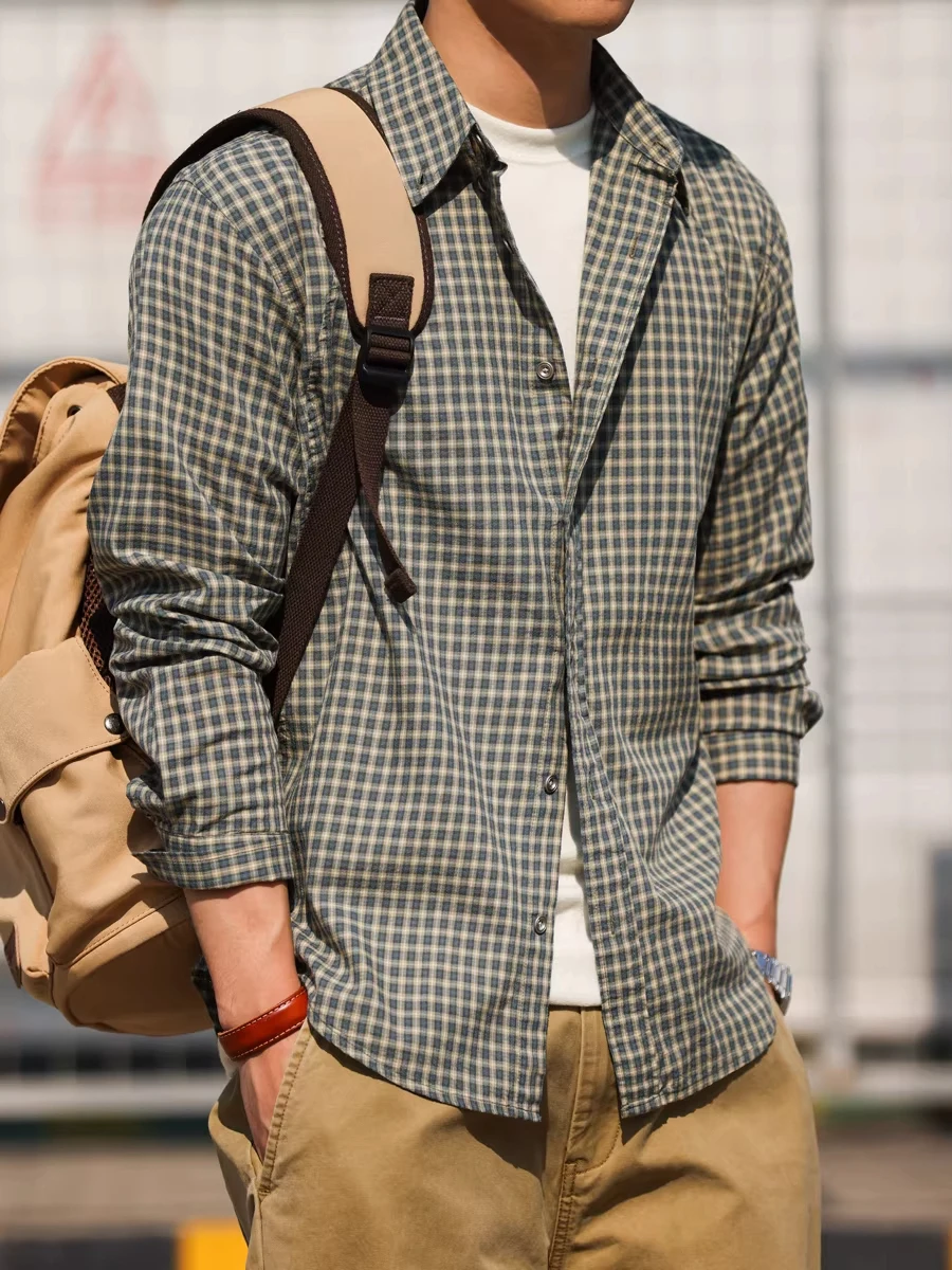 

Мужская рубашка свободного кроя с длинными рукавами в клетку, весенне-осенняя, в американском ретро-стиле, из чистого хлопка, дышащая, текстурированная, для многослойного ношения