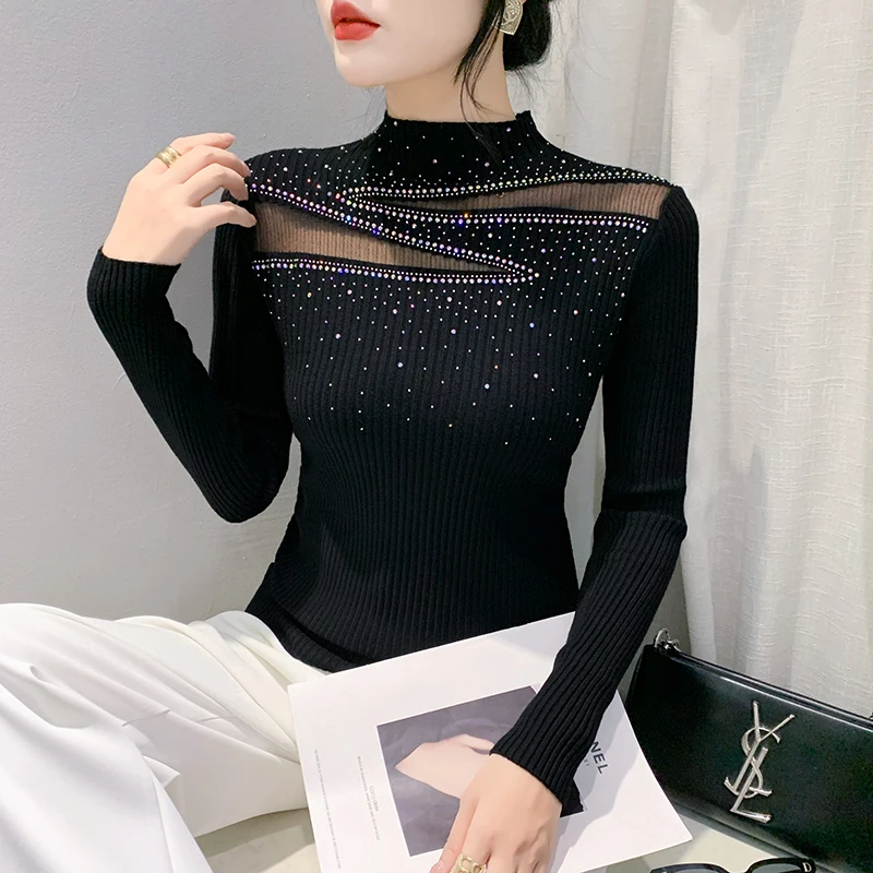 MadBlack, European Clothes Sweater, Sexy Women Mock Neck Diamonds Top, Patchwork Long Sleeve Slim Knitwear, Fall Winter T49925CC